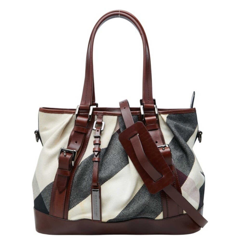 Burberry Mega Check Tote Bag Shoulder 2-Way Beige Brown Canvas Leather Women'...